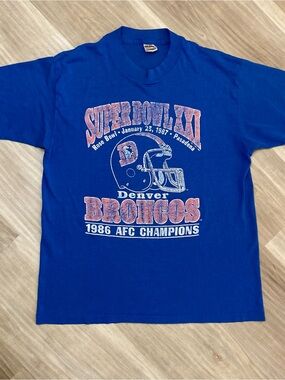 Vtg Denver Broncos T-Shirt Adult Large Blue 1986 AFC Champions Single Stitch